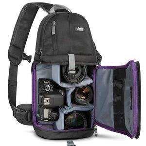 Black Sling Camera Bag with double buckle closure and waist strap.